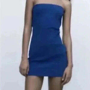 Zara Denim Tube‎ Dress Bodycon Tight Mini Dress Royal Blue Size XS NWT